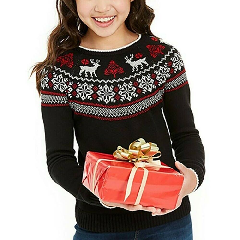 Charter Club GIRLS Crew Neck Fair Isle Sweater Fair Isle Large REindeer Holiday
